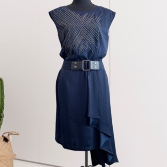 Limited Edition 2010 BCBGMaxAzria Runway Studded Navy Belted Sheath Asymmetrical - Picture 14 of 15